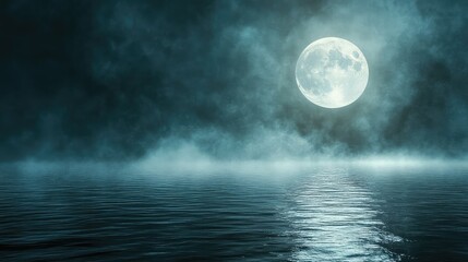 Poster - Serene Night Scene with Full Moon Illuminating Calm Waters and Mystical Fog Creating a Dreamlike Atmosphere Over Tranquil Ocean Waves Under a Starry Sky