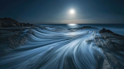 Aufkleber - Serene Night Ocean Waves Flowing Over Bold Rocky Coastline Under Illuminating Moonlight with Smooth Reflection on Calm Waters