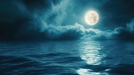 Poster - Serene Night Over a Calm Ocean with Bright Moonlight Reflecting Off the Water Surface and Dramatic Clouds in the Background Under a Starry Sky