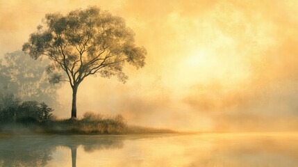 Poster - Serene Reflection of a Silhouette Tree at Sunrise Over Calm Waters in a Misty Landscape, Evoking Tranquility and Natural Beauty at Dawn