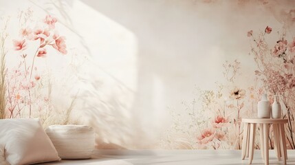 Poster - Serene and Elegant Interior with Floral Wallpaper, Light Natural Colors, Cozy Pillows, Minimalistic Decor and Soft Shadows Creating a Peaceful Atmosphere