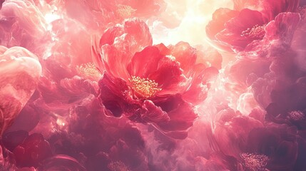 Poster - Vibrant Pink Flowers in a Dreamy Cloud Background, Capturing the Essence of Nature's Beauty and the Ethereal Qualities of Floral Artistry