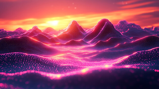 Digital wireframe landscape in neon outline style with retro computer graphics aesthetic