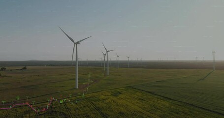Poster - Green line chart appearing over wind turbines and rising with candlesticks showing energy trends