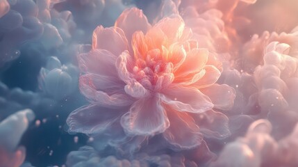 Poster - Stunning fractal flower surrounded by soft clouds, showcasing delicate petals in shades of pink and peach, creating an ethereal and dreamy atmosphere in nature-inspired art.
