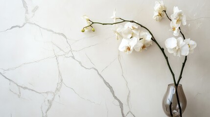 Poster - Elegant White Orchid Blossoms in a Stylish Vase Against a Soft Marble Background, Perfect for Home Decor and Interior Design Inspiration