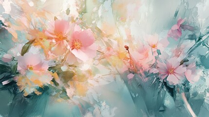 Poster - Soft and Dreamy Floral Abstract Art with Pastel Colors Featuring Delicate Pink Blossoms and a Gentle Fluid Background in a Serene Artistic Composition