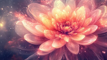 Poster - Delicate Blossoming Flower with ethereal petals glowing softly in shades of pink and orange, surrounded by sparkling cosmic background exhibiting imaginative artistry and surreal beauty