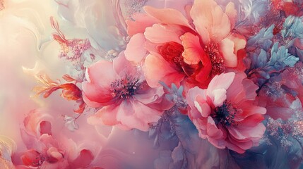 Poster - Beautiful Abstract Floral Composition with Soft Pastel Colors Showcasing Delicate Petals and Vibrant Blooms in a Dreamlike Background, Perfect for Artistic Decor and Prints