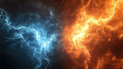 Poster - Dynamic Energy Clash Between Blue and Orange Lightning on a Dark Background Representing Duality of Power and Nature's Forces in an Abstract Illustration
