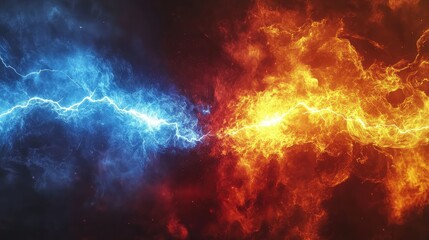 Poster - Dynamic Clash of Blue and Orange Energy in a Vibrant Cosmic Background Illustrating the Contrast Between Fire and Ice Elements in Abstract Visualization