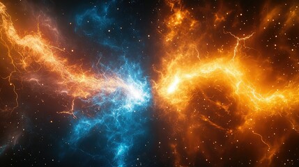 Poster - Captivating Cosmic Convergence: A Stunning Representation of Energetic Blue and Orange Lightning Strikes in the Vastness of Space