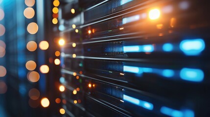 Poster - Close up of glowing data servers with orange and blue lights in a modern server room environment, ideal for cloud computing, digital infrastructure, and IT network content