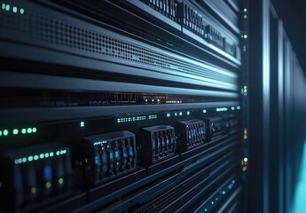 Poster - Close view of modern server hardware with illuminated network ports and sleek black design, representing data processing, IT infrastructure, and enterprise cloud systems