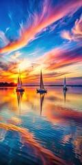 Wall Mural - A colorful sunset over a tranquil lake with a few sailboats gently swaying in the breeze