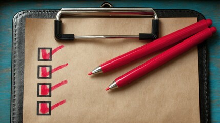 Poster - Clipboard with pen and checklist document representing internal audit file for comprehensive review and organization