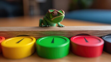 Poster - A colorful toy chameleon sitting on a table symbolizing market adaptability and change in business strategies