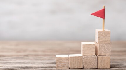 Poster - Red flag positioned on top of a stack of wooden blocks representing national growth in business strategy
