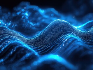 Poster - Abstract digital wave patterns, swirling data streams in a deep blue color scheme.  Complex, undulating forms composed of glowing particles