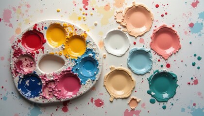 Poster - A colorful artist's palette with paint splatters and different colored paints on a white surface