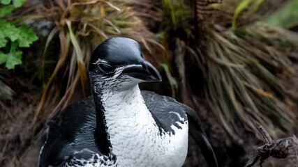 close-up of a gray and white bird with a black head standing in natural foliage environment, bird wi