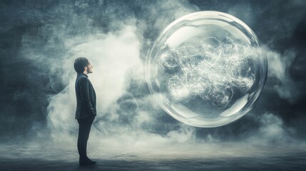 Poster - A businessman stands in a foggy environment, gazing at a luminous energy sphere. This surreal moment captures themes of innovation, imagination, and potential in an abstract setting.