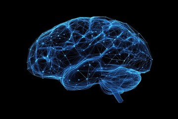 Poster - Abstract representation of a human brain, depicted as a network of interconnected points and lines, radiating a soft blue glow