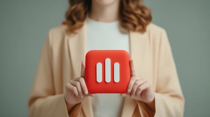 Poster - Woman Holding Red Square Audio App Icon  Modern Technology  Digital Media  Social Media  O