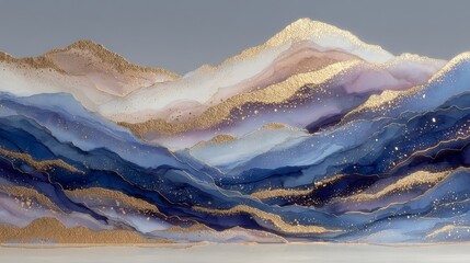 Wall Mural - Abstract Blue Gold Mountain Landscape  Alcohol Ink Art Print  Wall Decor
