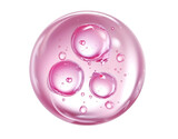 Cluster of transparent pink fluid bubbles with smaller droplets against transparent background, representing cosmetic serum, molecular structure or scientific concept