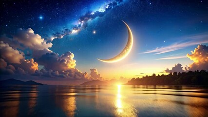 Wall Mural - Crescent Moon over Serene Lake at Sunset with Starry Sky and Fluffy Clouds