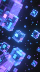 Poster - Abstract Digital Cubes Glowing Neon Purple and Blue Geometric Shapes in 3D Space