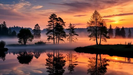 Wall Mural - serene lake reflections a time-lapse of dawn's embrace and fog's gentle kiss