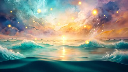 Wall Mural - tranquil ocean waves beneath a vibrant sky with glowing orbs and soft clouds