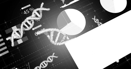 Poster - On start white DNA helix rising gauge falling labels fading charts sliding map fading showing data
