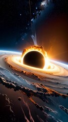 Wall Mural - Black hole devouring matter in deep space with visible accretion disk and gravitational effects, stars and cosmic dust background