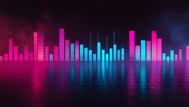 A black background with neon, glowing equalizer bars in pink and teal colors.