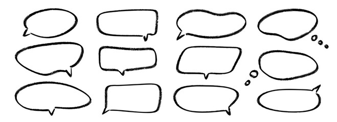Aufkleber - Hand drawn speech bubbles collection. Doodled crayon dialog box set. Sketched textured comic talk frames. Round, square or ellipse balloon text box bundle. Vector chalk pencil chat or think cloud pack