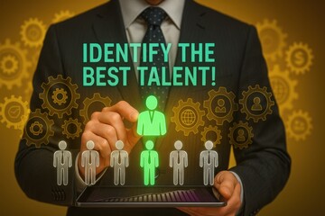 Poster - Businessman Identifying Best Talent on Tablet Display, Emphasizing Recruitment and Human Resources Management for Corporate Success and Growth Strategy : Generative AI
