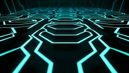 Fototapete - A black background with neon turquoise lines in the shape of hexagons, creating an optical illusion that gives depth 