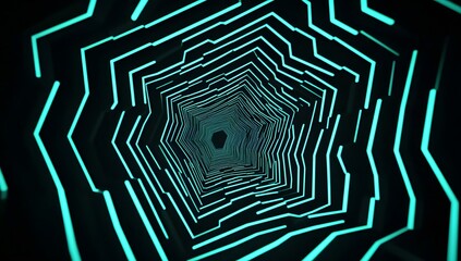 Fototapete - A black background with neon turquoise lines in the shape of hexagons, creating an optical illusion that gives depth 