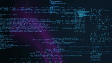 Poster - Purple neon beam emerging causing code scrolling pulsing in blue text revealing scattering glyphs