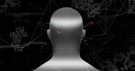 Poster - Point-cloud head rotating in data visualization upon markers appearing with glitch band shifting