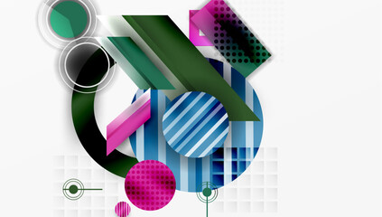 Poster - Abstract composition. Geometric shapes overlap, creating dynamic visual effect. Colors include blue, green, pink, black. Modern design.