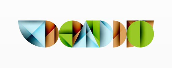 Poster - Abstract geometric shapes form word denno. Colors include blue, green, brown, beige. Minimalist design, clean aesthetic.