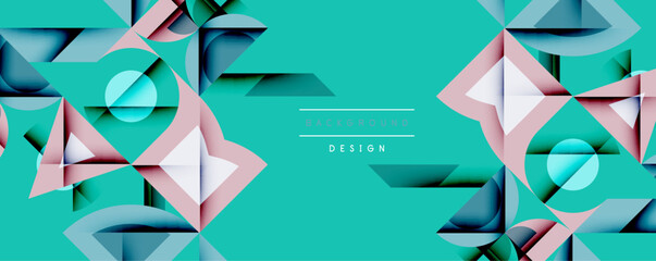 Aufkleber - Abstract geometric shapes overlap turquoise background. Pink, blue elements create modern design. Minimalist style, clean lines present.