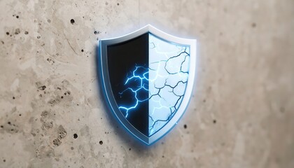 Poster - shield icon divided into dark and light halves with electric energy and crack patterns representing 