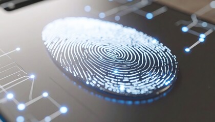 Poster - close-up of a digital fingerprint scan on a futuristic touch screen with data connection graphics