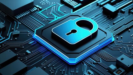 Poster - close-up of a digital lock icon on a circuit board representing cybersecurity and data protection co