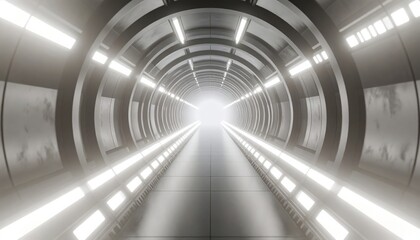 Poster - Futuristic tunnel corridor with bright light at the end illuminated by white LED strips and metallic walls